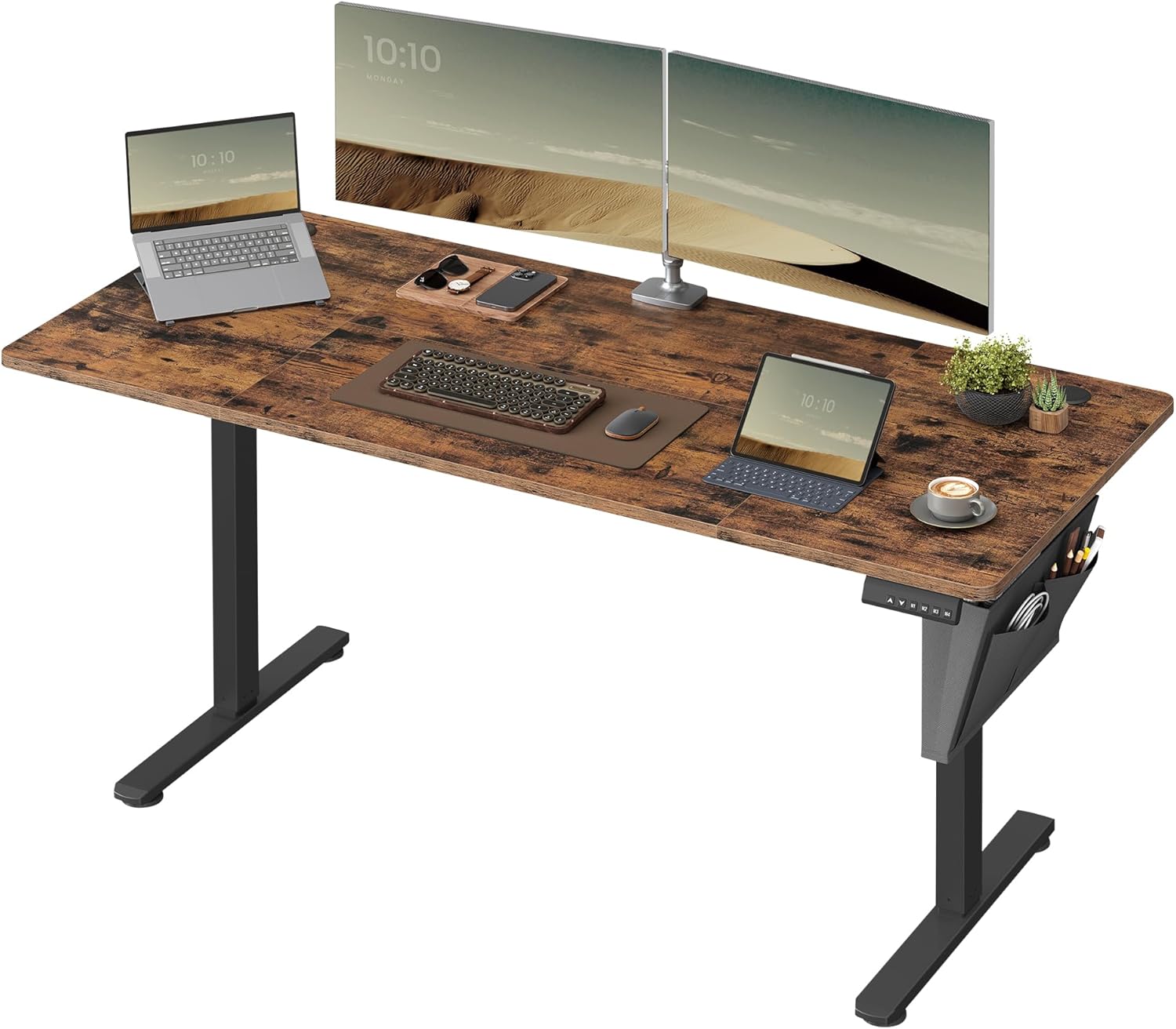 Bureau Électrique Réglable en Hauteur, 160 x 70 cm, Table Assis-Debout, Fonction Mémoire 4 Hauteurs, pour Bureau, Télétravail, Marron Rustique LSD136K01 160 x 70 cm Marron Rustique