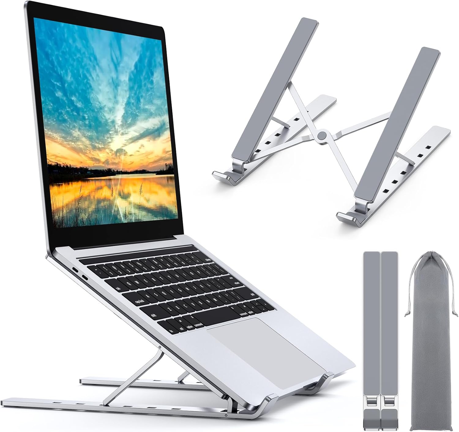 Support Ordinateur Portable, Support PC Portable à 5 Niveaux Réglables, Refroidisseur en Aluminium Ventilé Compatible avec MacBook, Lenovo, Autres Laptops Tablettes 10" - 15.6" Argent