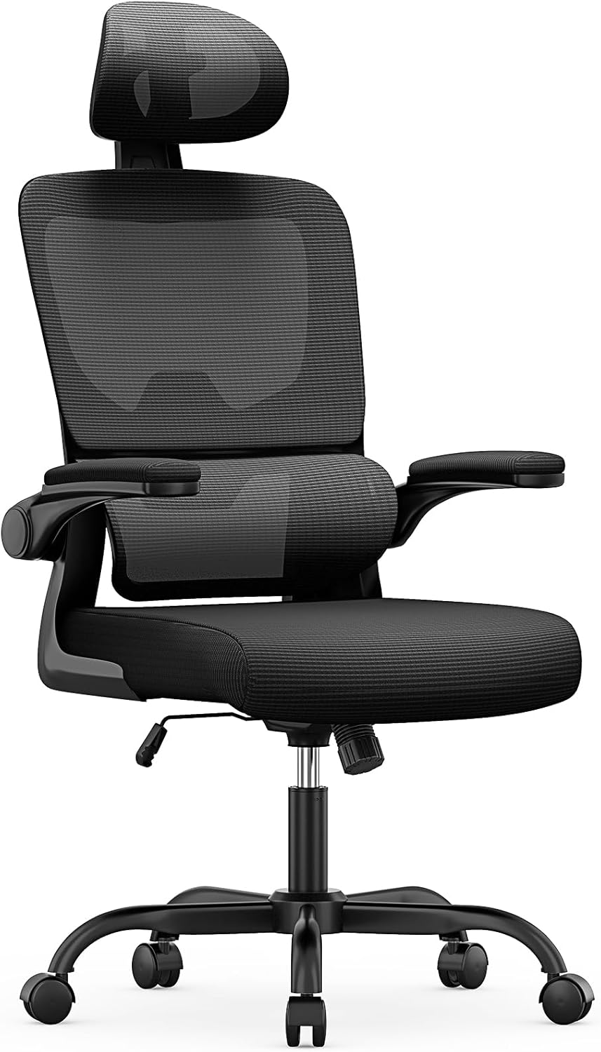 Chaise de Bureau Ergonomique: Fauteuil Bureau avec Support Lombaire en C,Dossier et Appui-tête Réglables,Reversible Armrest,Siege en Maille Respirante Convient à la Maison Bureau ,Lecture,Noir Noir 2 avec Appui-tête