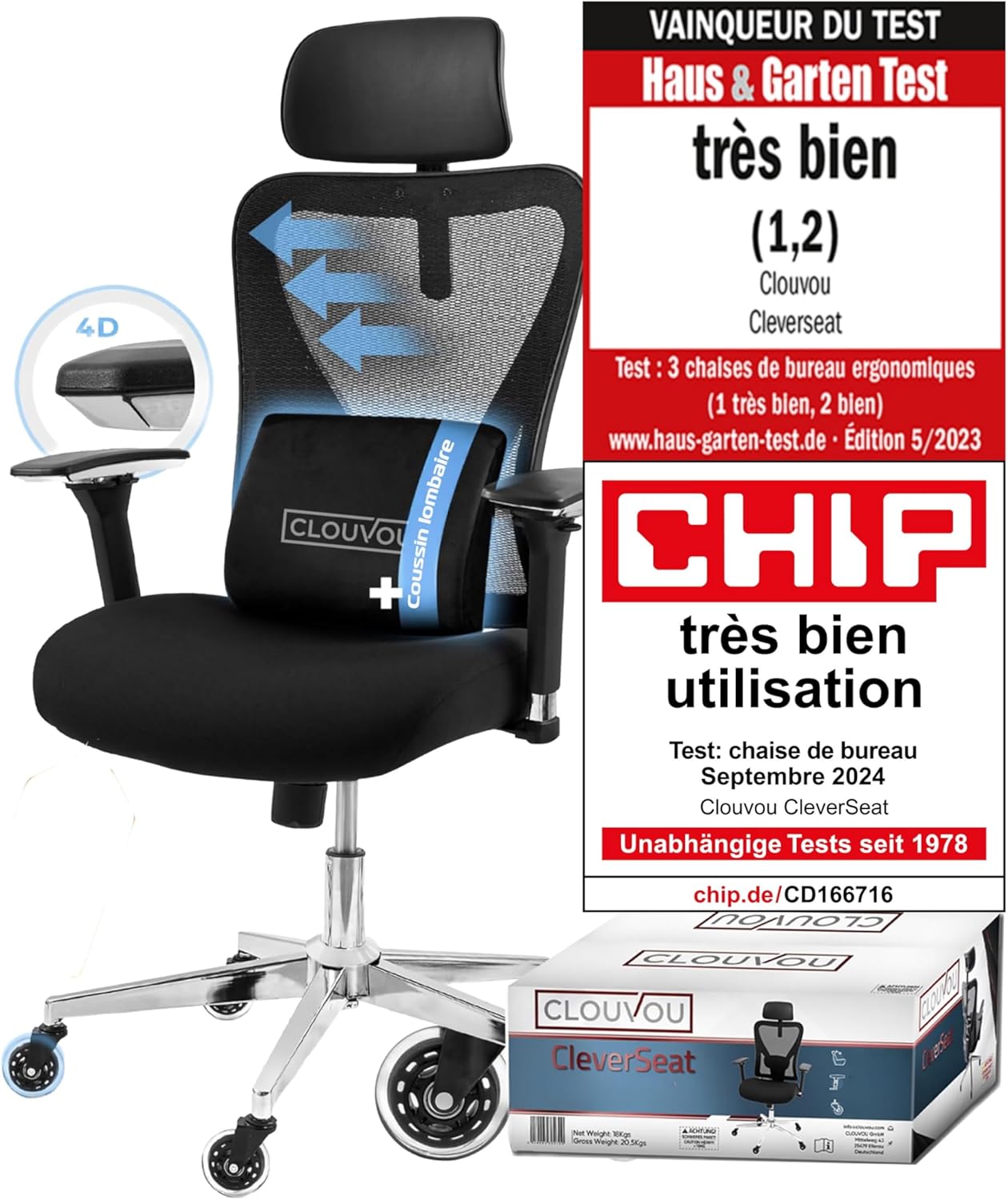 CleverSeat Chaise de Bureau Ergonomique [Élue N°1] - - Office Chair - Siège de Bureau Ergonomique - Fauteuil 150 kg Cleverseat (Noir)