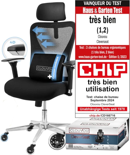 CleverSeat Chaise de Bureau Ergonomique [Élue N°1] - - Office Chair - Siège de Bureau Ergonomique - Fauteuil 150 kg Cleverseat (Noir)