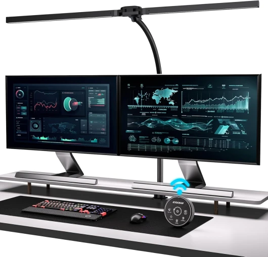 EYOCEAN Lampe de bureau à double tête à pince - 24 W - 80 cm - Lampe lumière du jour de bureau avec télécommande - Lampe de moniteur à intensité variable - Col de cygne - Protection des yeux, Noir