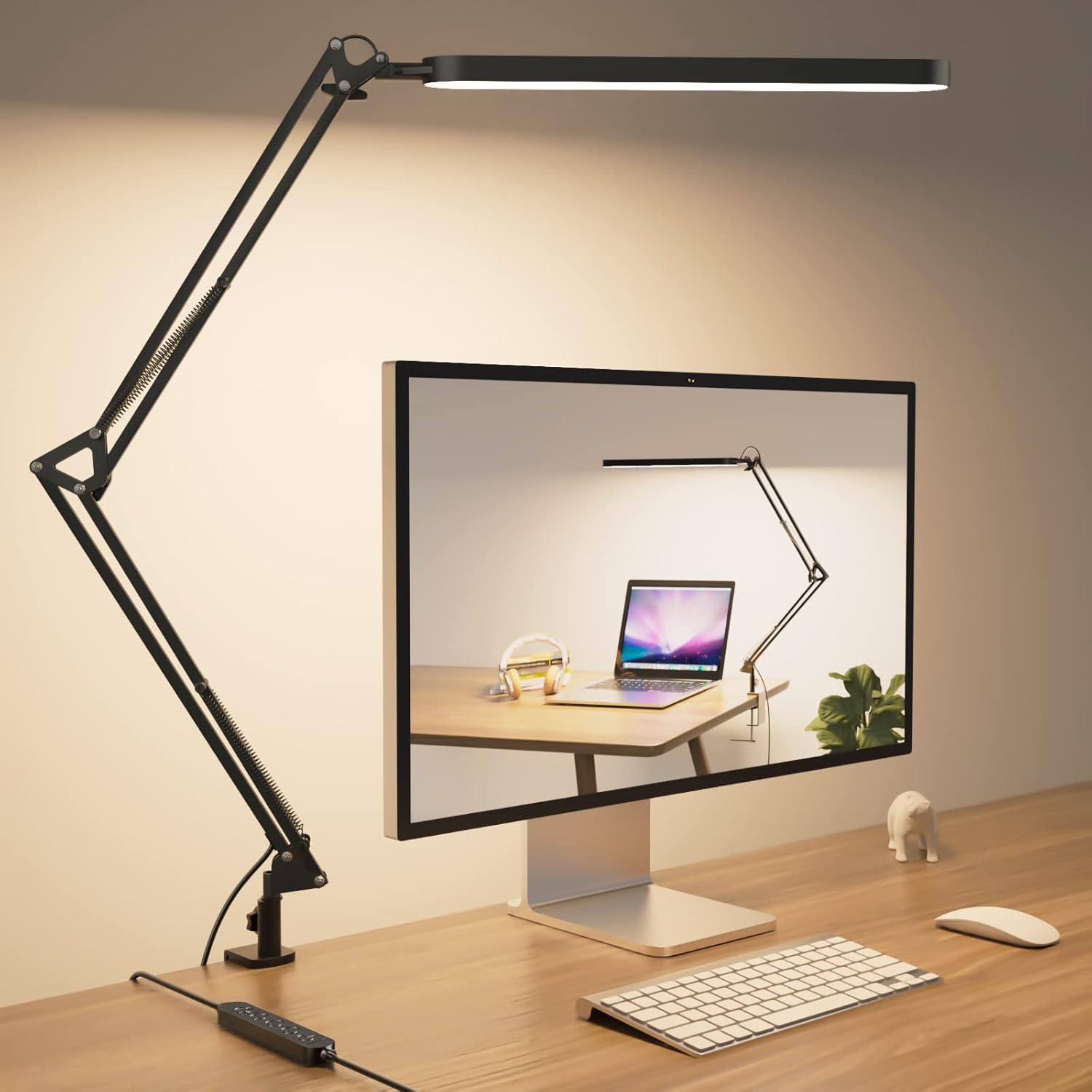 Lampe de Bureau LED Lampe Architecte 80 cm - 5 Modes de Couleur X 11 Niveaux de Luminosité - 1300LM - Bras Pivotant Réglable - Fonction Minuterie et Mémoire - 12W Desk Lamp - Noir Clip-Noir