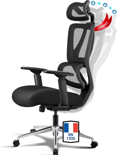 Fauteuil de Bureau Ergonomique, Chaise de Bureau Confortable avec Soutien Lombaire Dynamique, Coussin à Ressorts Hautement Élastique, Siège Bureau avec Verrouillage 3 Positions (Norme EN 1335) Noir (Verrouillage 3 Niveaux Pro)