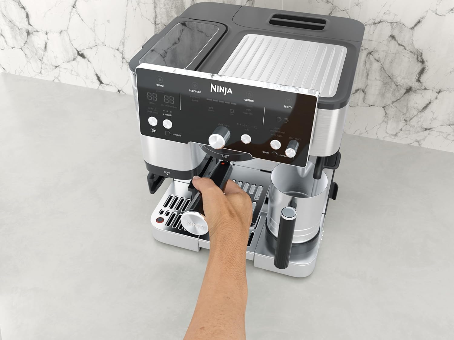 Ninja Machine à café Luxe Essential 2-en-1, Latte, Cappuccino et Espresso avec broyeur à grains et mousseur à lait intégrés, facile à utiliser, 2 préréglages mousse, argent, ES501EU Luxe Essential Argent